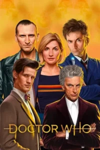 Cinco personagens,incluindo uma mulher loira,com expressões sérias e roupas diversas,em um fundo laranja cósmico. Clima de aventura sci-fi.