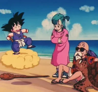 Jovem de gi azul sorri na nuvem. Mulher de rosa e velho de óculos com tartaruga na praia ensolarada.
