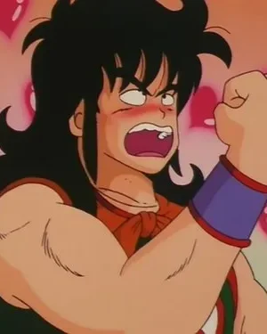 Homem de anime ruborizado, cabelo preto, punho cerrado e boca aberta em expressão de choque ou raiva. Corações rosa flutuam ao fundo.