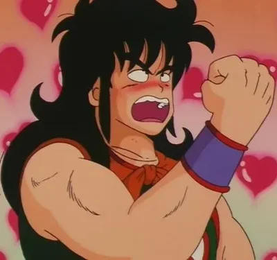 Homem de anime ruborizado, cabelo preto, punho cerrado e boca aberta em expressão de choque ou raiva. Corações rosa flutuam ao fundo.