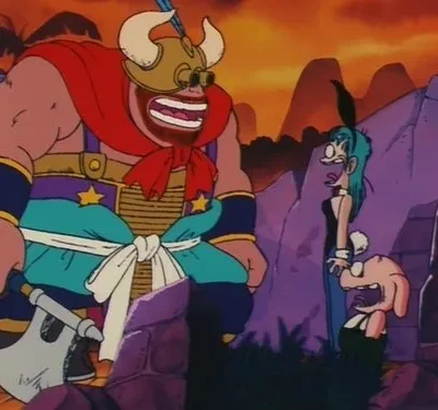 Homem gigante de capacete com chifres e machado ri. Mulher de coelhinha e criatura pequena parecem apavorados. Cenário rochoso e céu laranja.