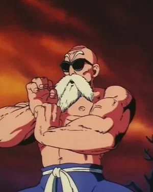 Homem careca musculoso de óculos escuros e longa barba branca, punhos cerrados. Céu vermelho-alaranjado ameaçador. Clima de ação.