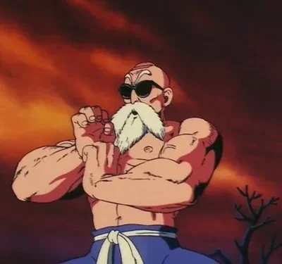 Homem careca musculoso de óculos escuros e longa barba branca, punhos cerrados. Céu vermelho-alaranjado ameaçador. Clima de ação.