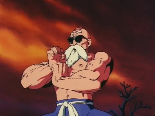 Homem careca musculoso de óculos escuros e longa barba branca,punhos cerrados. Céu vermelho-alaranjado ameaçador. Clima de ação.