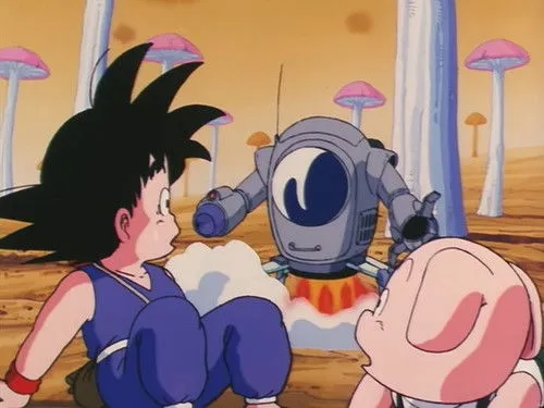 Dragon Ball – T01E10:As Esferas do Dragão São Roubadas 1 Garoto e porco rosa olham surpresos para um robô com propulsor em deserto com cogumelos gigantes.