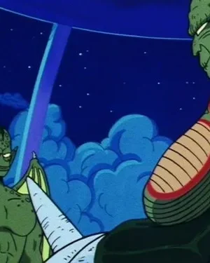 Duas criaturas verdes: uma alada com sorriso malicioso, outra de costas. O céu noturno tem nuvens, estrelas e um feixe de luz azul.