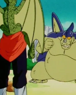 Anime: Criatura verde alada de costas e monstro corpulento roxo e verde-claro com dentes à mostra, em pose agressiva em campo aberto.