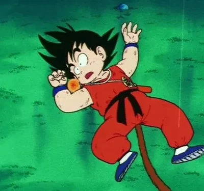 Personagem animado com cabelo espetado, gi vermelho, expressão de susto, segura uma esfera mística, caindo em um cenário verde.