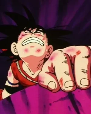 Jovem com cabelo espetado, rosto e mãos feridas, se agarra desesperadamente a uma borda roxa contra um fundo escuro e energético.