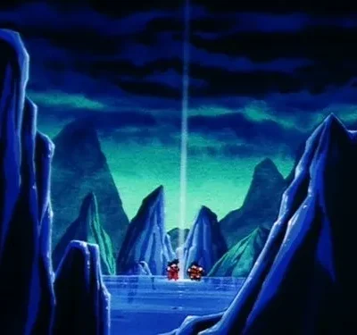 Dois jovens observam um feixe de luz ascendente entre montanhas rochosas e azuis escuras, sob um céu noturno e místico.