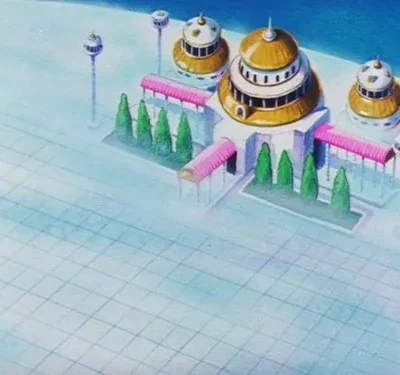 Complexo futurista de anime com edifícios de cúpulas douradas e passarelas rosa sobre um chão quadriculado claro, cercado por árvores.