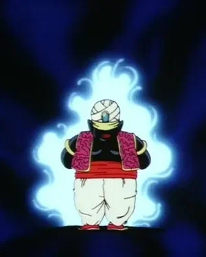 Personagem animado roliço de pele escura com turbante e vestes coloridas, envolto em aura azul brilhante em fundo místico.