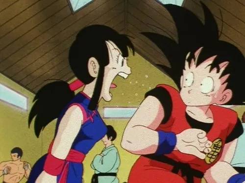 Dragon Ball – T01E134:O Torneio de Artes Marciais já Começou 1 Uma mulher de qipao azul grita com um garoto de gi vermelho assustado,em estilo anime. Cenário de dojo com outros alunos.