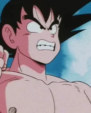 Jovem de anime musculoso e furioso, com cabelo espetado e punhos cerrados, pronto para lutar. Fundo azul vibrante.