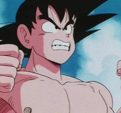 Jovem de anime musculoso e furioso, com cabelo espetado e punhos cerrados, pronto para lutar. Fundo azul vibrante.