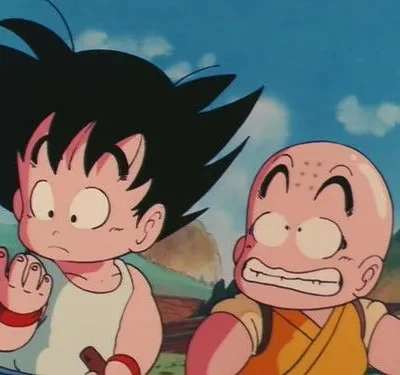 Dois jovens personagens de anime: um com cabelo preto espetado e outro careca. Ambos com olhos arregalados, parecem surpresos em um fundo campestre.