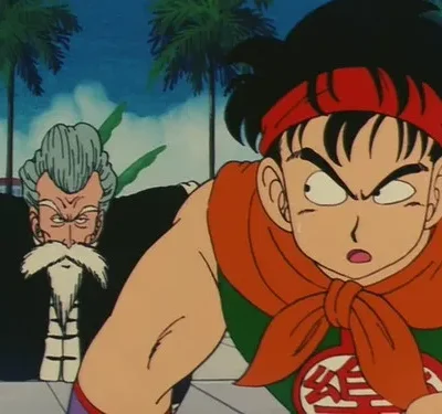 Dois personagens de anime em pose de luta. Um jovem com bandana vermelha e um mestre barbudo. Ambiente tropical com palmeiras, clima intenso.