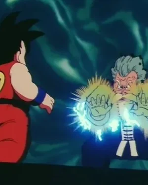 Jovem de cauda e velho furioso com energia azul nas mãos se encaram. Fundo escuro e turbulento, clima de combate.