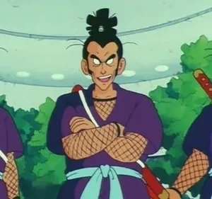 Três homens idênticos de anime com trajes ninja roxos e katanas. Um sorri maliciosamente, os outros dois têm expressões astutas. Fundo verde.