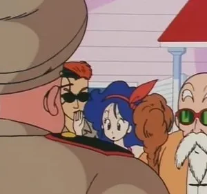 Quatro personagens de anime surpresos. Um em uniforme de costas, e três (homem punk, garota, velho de óculos) o olham chocados, perto de uma casa.