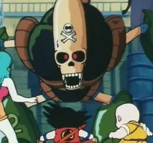 Três heróis de anime, incluindo mulher com espada, enfrentam robô gigante de caveira e olhos vermelhos em área industrial.