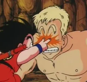 Menino de cabelo espetado e rabo cutuca o olho de um homem musculoso loiro, que reage com dor. Fundo de caverna/pedras.