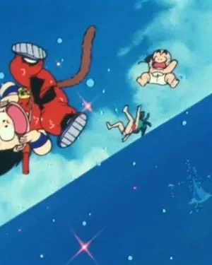 Um menino alegre de anime segura uma criatura vermelha com cauda no céu azul. Um bebê e uma garota flutuam por perto.