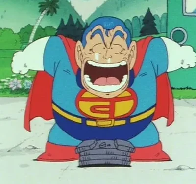 Homem gordo em traje de super-herói azul e capa vermelha, gargalha com olhos fechados. Um peso quebrado está no chão. Cenário verde.