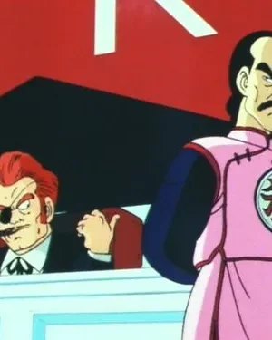 Dois personagens de anime com feições sérias. Um de túnica rosa com bigode e símbolo. O outro, ruivo com tapa-olho e charuto, no fundo vermelho e preto.
