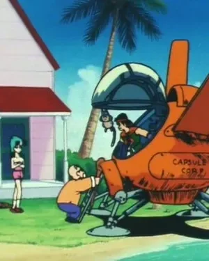 Uma mulher brava, um homem e um jovem em veículo voador laranja com um gato, perto de casa e tartaruga na praia ensolarada. Clima de aventura.