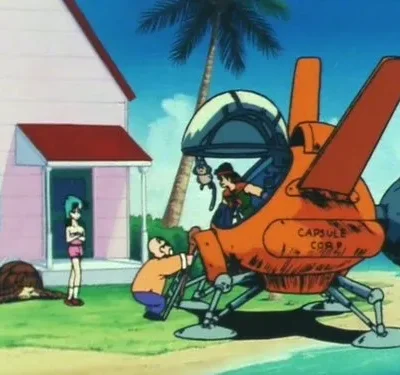 Uma mulher brava, um homem e um jovem em veículo voador laranja com um gato, perto de casa e tartaruga na praia ensolarada. Clima de aventura.