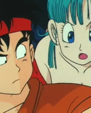 Um jovem de bandana vermelha olha intrigado enquanto uma mulher de cabelo azul parece chocada em cena de anime.