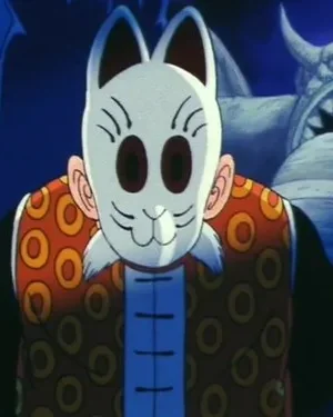 Homem de máscara de gato branca e colete estampado em primeiro plano. Atrás, um menino pequeno sobre um monstro cinza gigante em cenário escuro.