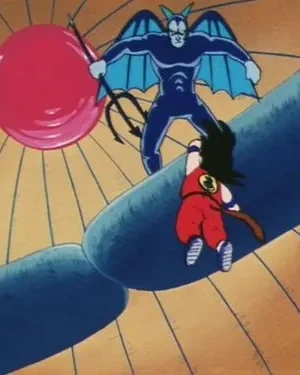 Menino de vermelho escala estrutura curva azul, confrontado por demônio alado azul com tridente. Fundo laranja radiante, esfera vermelha.