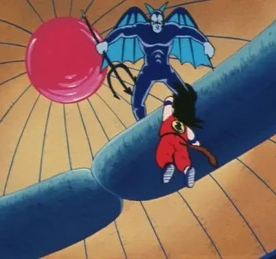 Menino de vermelho escala estrutura curva azul, confrontado por demônio alado azul com tridente. Fundo laranja radiante, esfera vermelha.