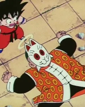 Garoto de cabelo espetado e gi vermelho olha chocado para homem gordo com máscara de gato e auréola, caído no chão de azulejos.