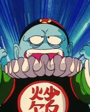 Anime de personagem azul com chapéu e gola bufante, gritando com punhos cerrados. Fundo de energia azul vibrante.