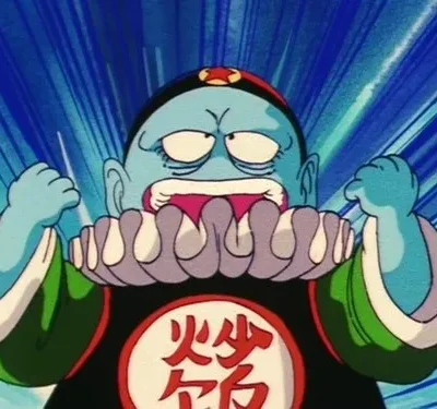 Anime de personagem azul com chapéu e gola bufante, gritando com punhos cerrados. Fundo de energia azul vibrante.