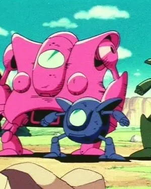 Imagem animada de três robôs: um rosa gigante, um azul pequeno e um verde. Num campo rochoso com montanhas e céu azul.