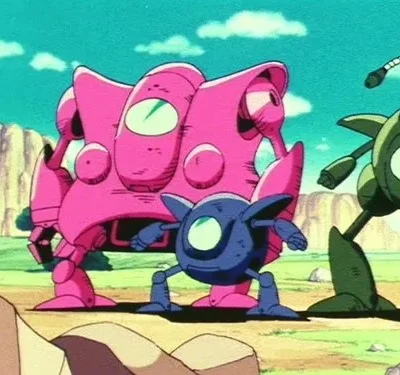 Imagem animada de três robôs: um rosa gigante, um azul pequeno e um verde. Num campo rochoso com montanhas e céu azul.