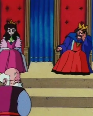 Anime: Numa sala do trono, uma mulher de rosa e um homem de vermelho e azul sentados nos tronos. Um senhor de costas os observa. Ambiente real e formal.