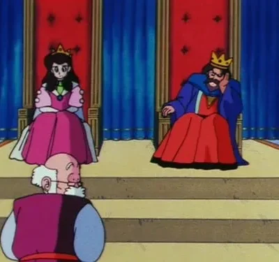 Anime: Numa sala do trono, uma mulher de rosa e um homem de vermelho e azul sentados nos tronos. Um senhor de costas os observa. Ambiente real e formal.