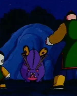 Um adulto e uma criança de costas encaram uma criatura roxa de chifres. Cenário noturno com caverna azul. Tensão.