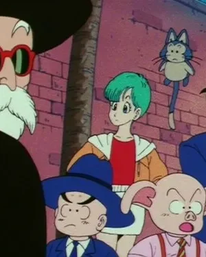 Pôster de anime: Velho de chapéu e óculos escuros observa grupo com garota de cabelo verde, homem de terno, menino, porco e gato flutuante.