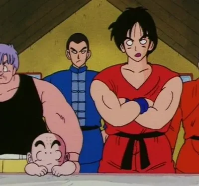 Cena de anime com cinco homens. Quatro em trajes de luta com feições sérias, um em vermelho tem expressão de espanto. Um careca sorri espiando.