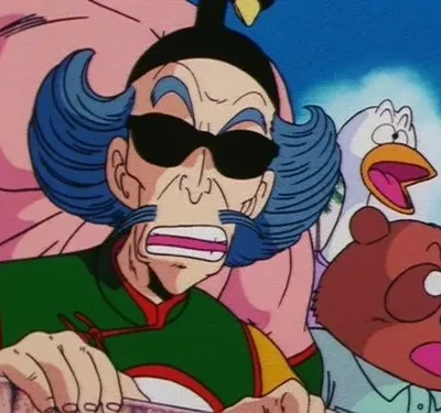 Um velho de óculos escuros e cabelo azul, um pato e um urso, todos com expressões exageradas de choque ou surpresa. Fundo azul.