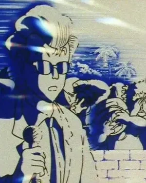 Pôster anime azul/branco: homem de óculos com microfone, multidão agitada ao fundo e palmeiras. Clima urgente e dramático.