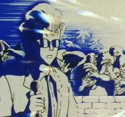 Pôster anime azul/branco: homem de óculos com microfone, multidão agitada ao fundo e palmeiras. Clima urgente e dramático.