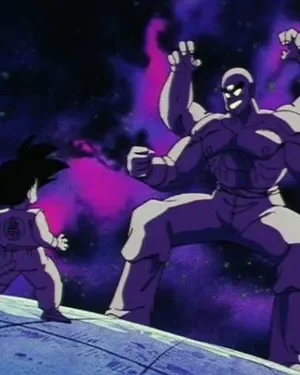 Pequeno guerreiro de cauda e uniforme branco enfrenta gigante roxo de 4 braços e 3 olhos. Cenário espacial estrelado com névoa roxa.