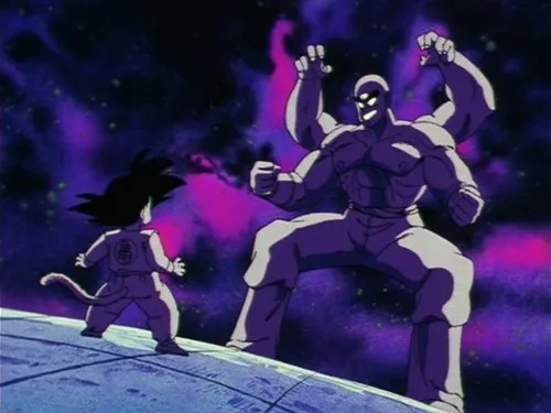 Dragon Ball – T01E99:A Angústia de Tenshinhan 1 Pequeno guerreiro de cauda e uniforme branco enfrenta gigante roxo de 4 braços e 3 olhos. Cenário espacial estrelado com névoa roxa.
